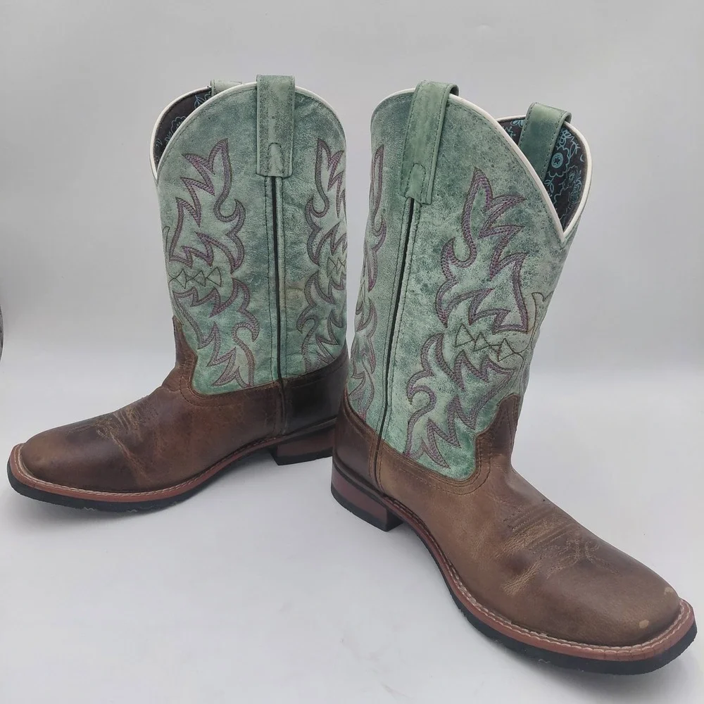 Laredo Womens 9.5 M Anita 5607 Brown Turquoise Wide Square Toe Cowboy Boots